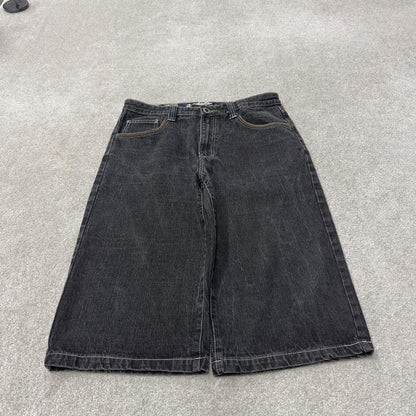 Long baggy denim shorts y2k black 4Fatherz skater style shorts with paisley pattern design