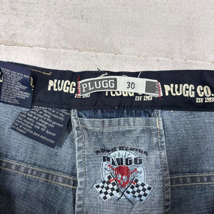 Y2K Denim Skate Jorts W30 PLUGG loose large rear pocket y2k style skater shorts