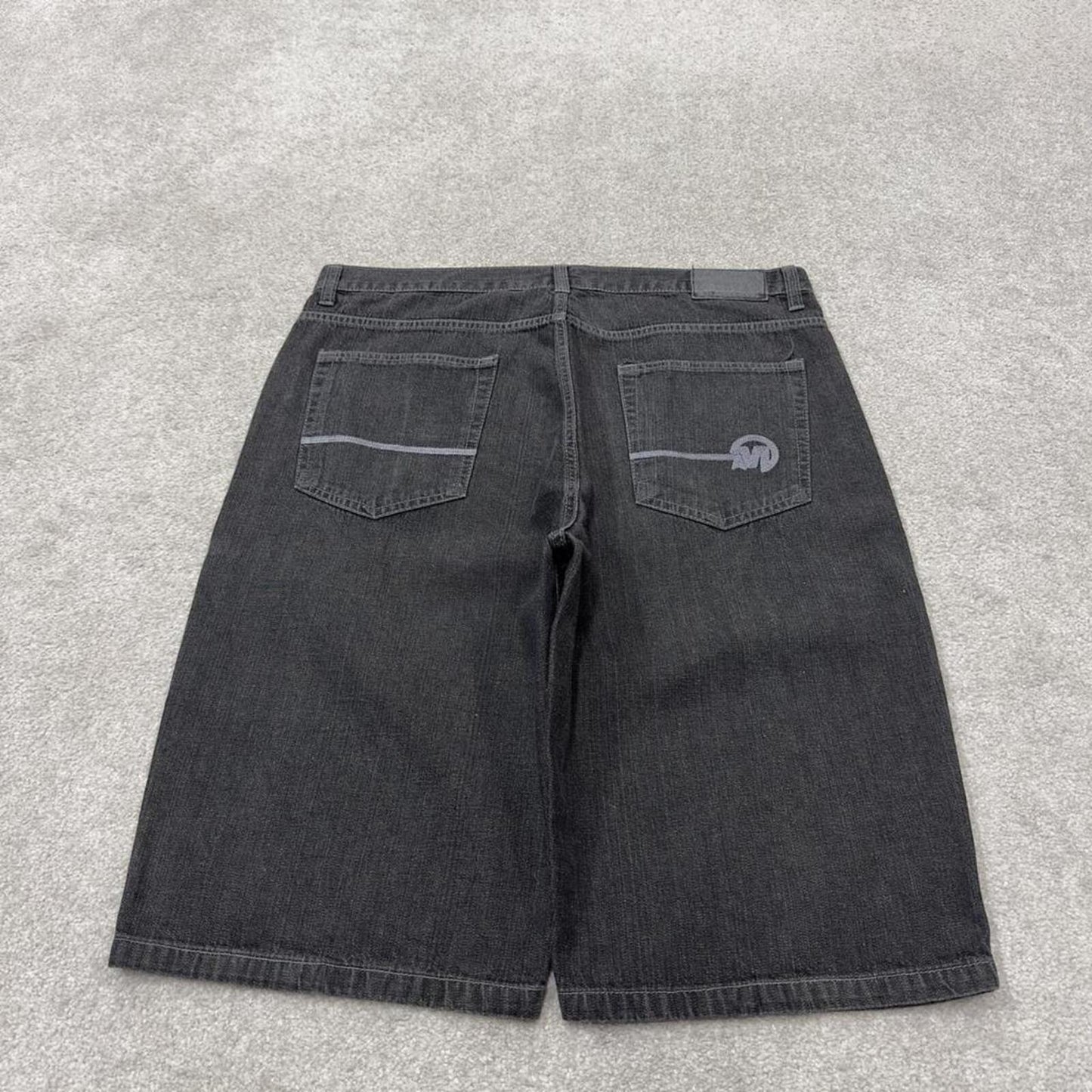 Mecca embroidered baggy denim shorts Y2K black Loose long leg skater style streetwear jorts