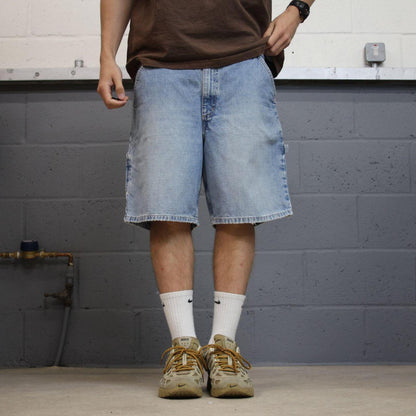 Denim carpenter shorts cargo blue Lands End loose leg skater style surf jorts