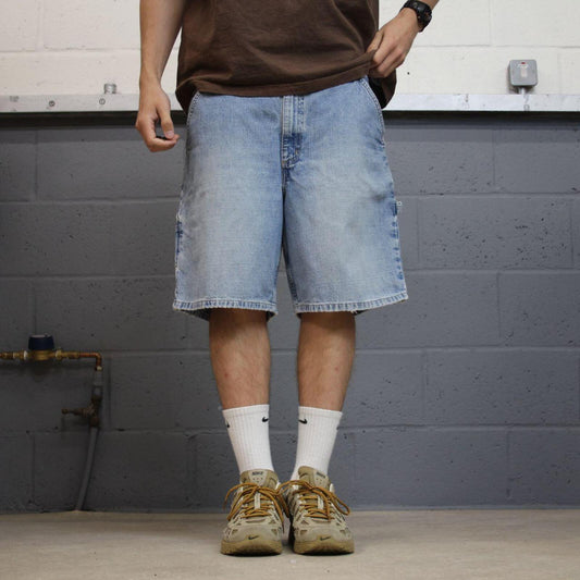 Denim carpenter shorts cargo blue Lands End loose leg skater style surf jorts