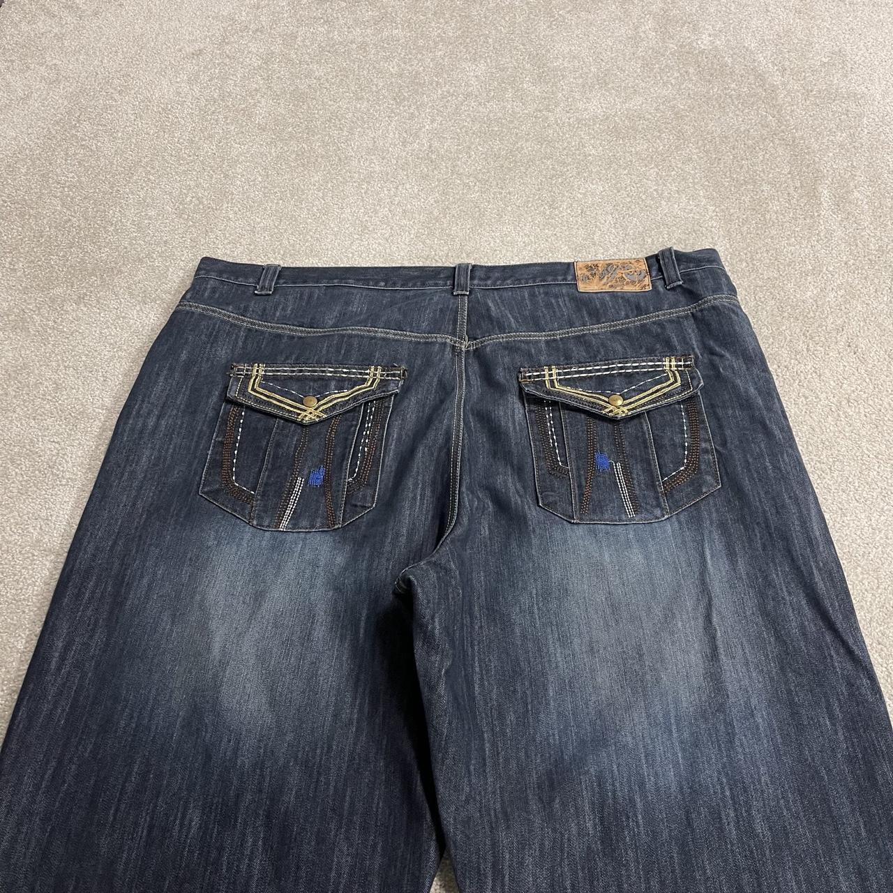 Extra baggy embroidered jeans y2k W48L33 blue Indigo 30 wide leg skater pants, embroidered design