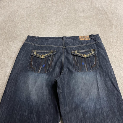 Extra baggy embroidered jeans y2k W48L33 blue Indigo 30 wide leg skater pants, embroidered design