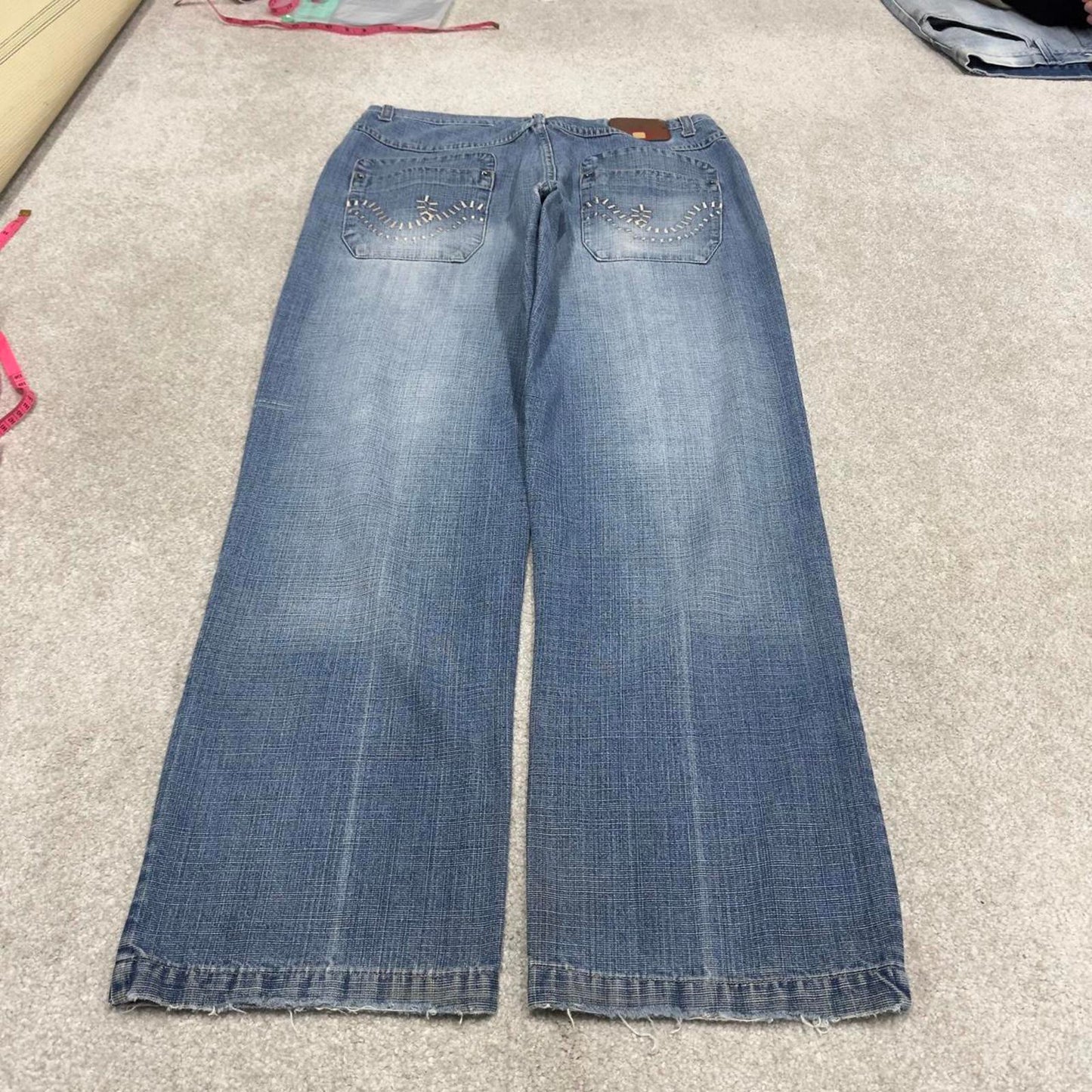 Y2k baggy skate jeans blue denim W36L32 Vintage Don loose 00s style pants embroidered casual autumn