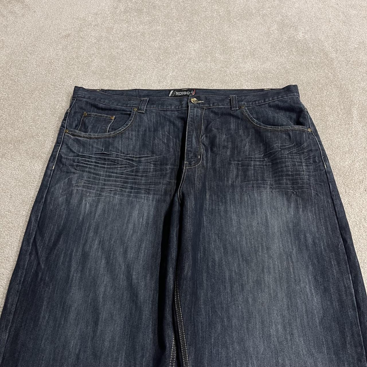 Extra baggy embroidered jeans y2k W48L33 blue Indigo 30 wide leg skater pants, embroidered design