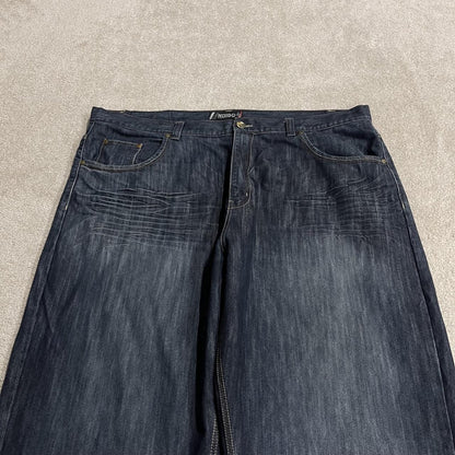 Extra baggy embroidered jeans y2k W48L33 blue Indigo 30 wide leg skater pants, embroidered design