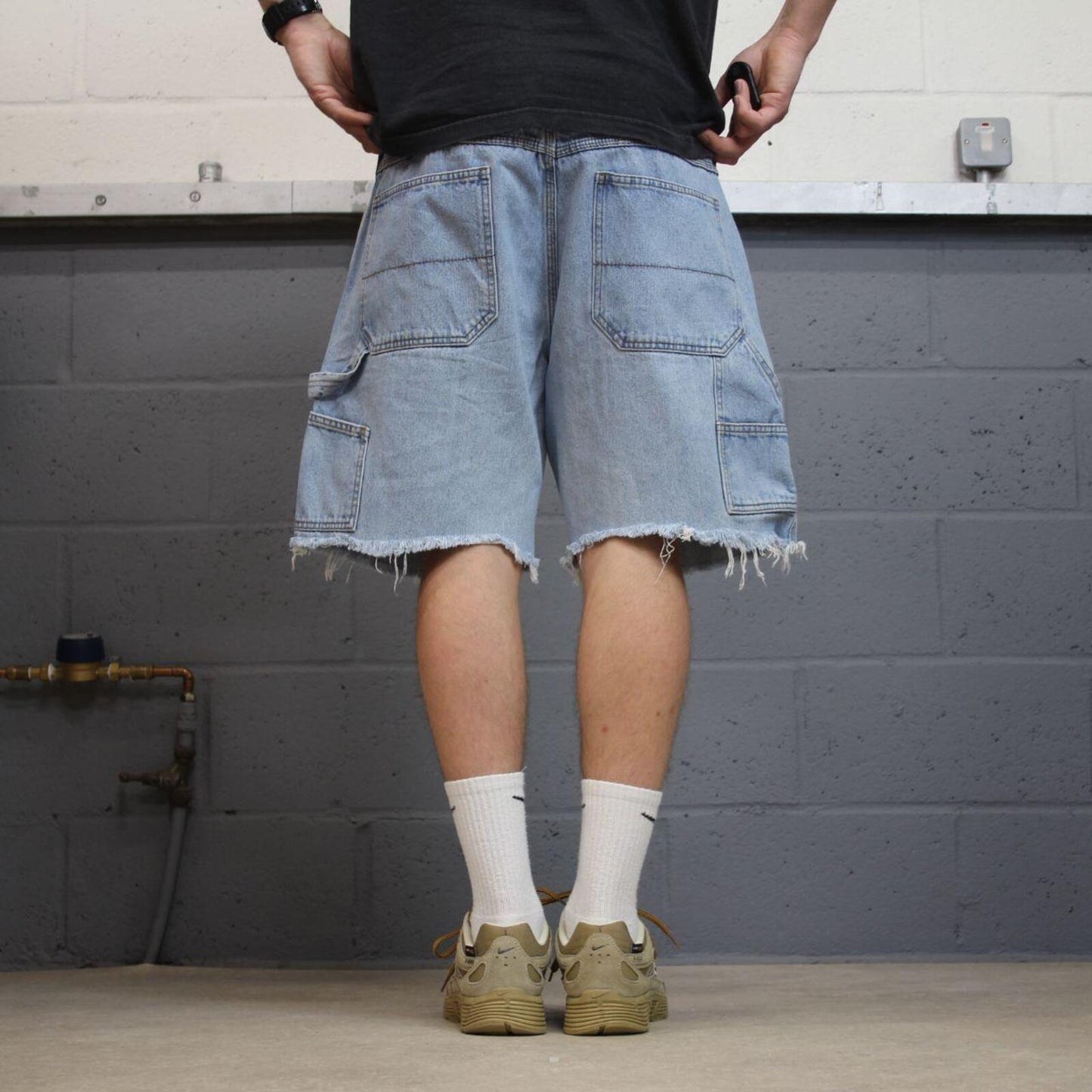 Cut denim cargo shorts carpenter blue Faded Glory frayed skater style jorts
