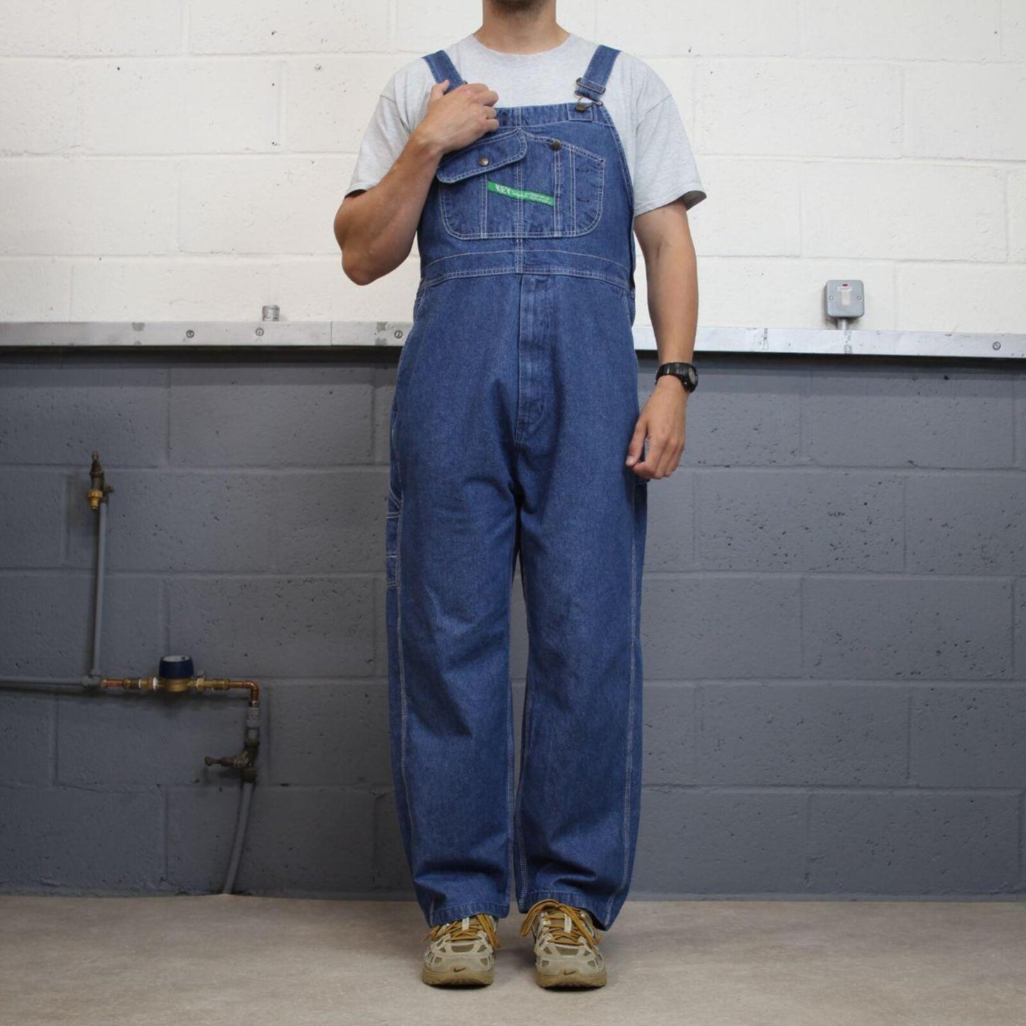Vintage y2k denim dungarees loose leg blue Key workwear bib & brace overalls utility
