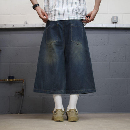 Baggy Y2K denim shorts long leg blue Wide leg skater style brand surf jorts