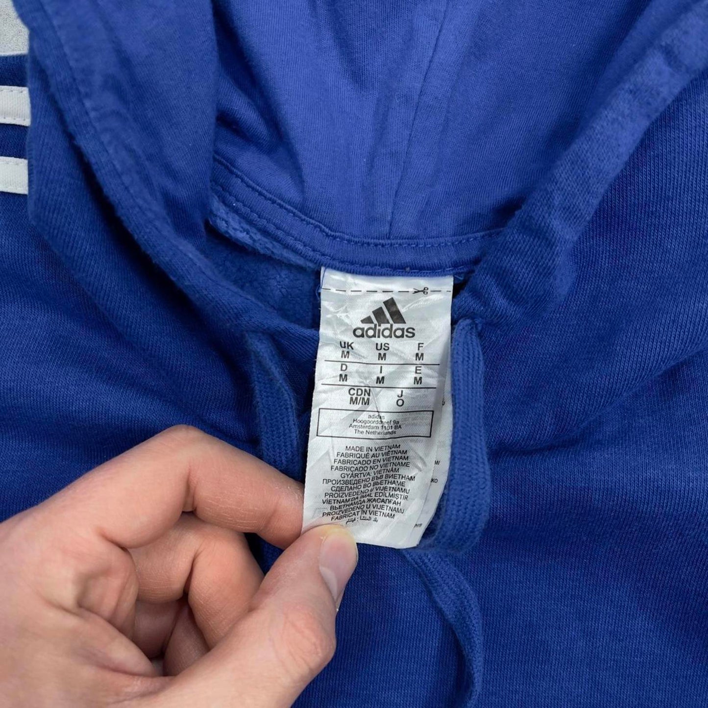 Blue Adidas hoodie M pullover y2k jumper embroidered logo stripe design