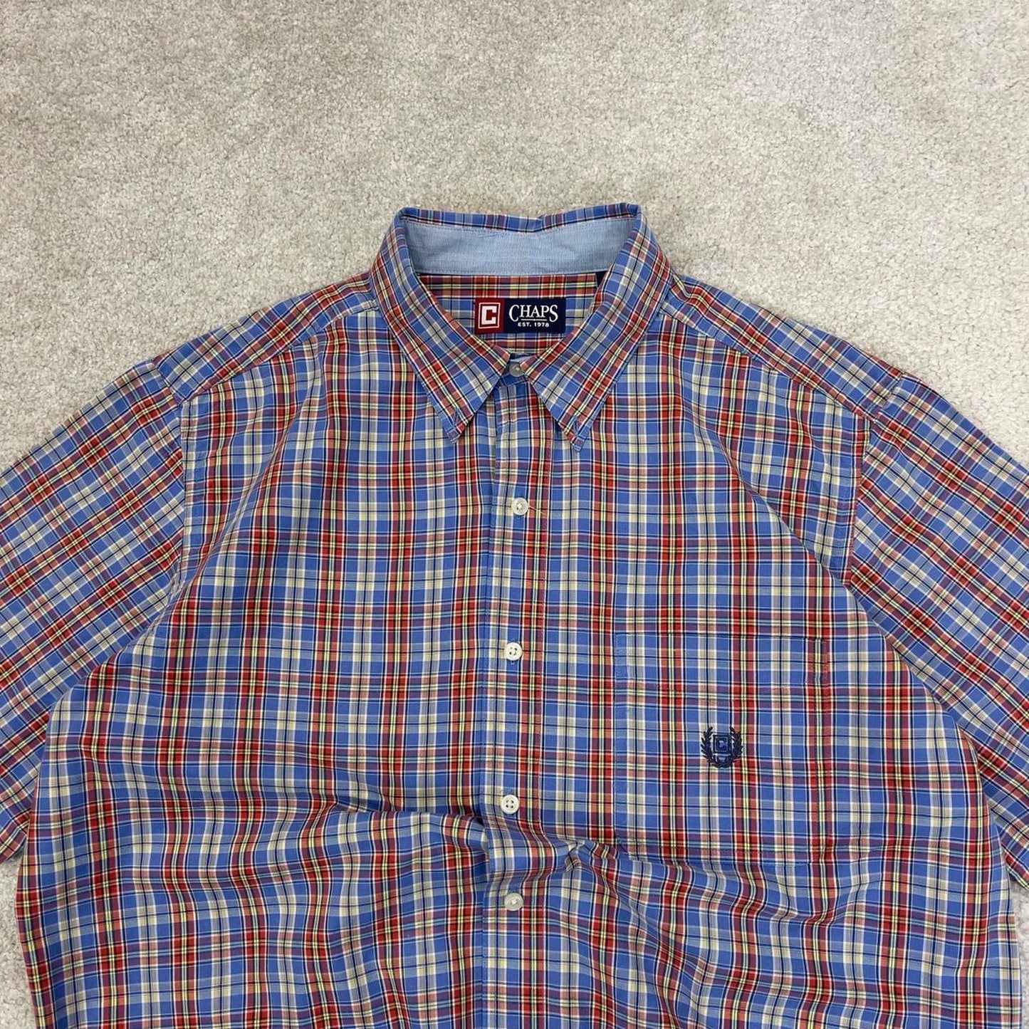 Blue Red checkered Chaps technical shirt L men's short sleeve button up autumn y2k style