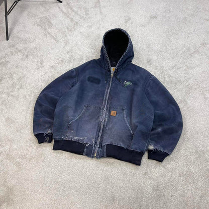 Vintage navy Carhartt hooded active jacket XL technical canvas 90s style skater bomber