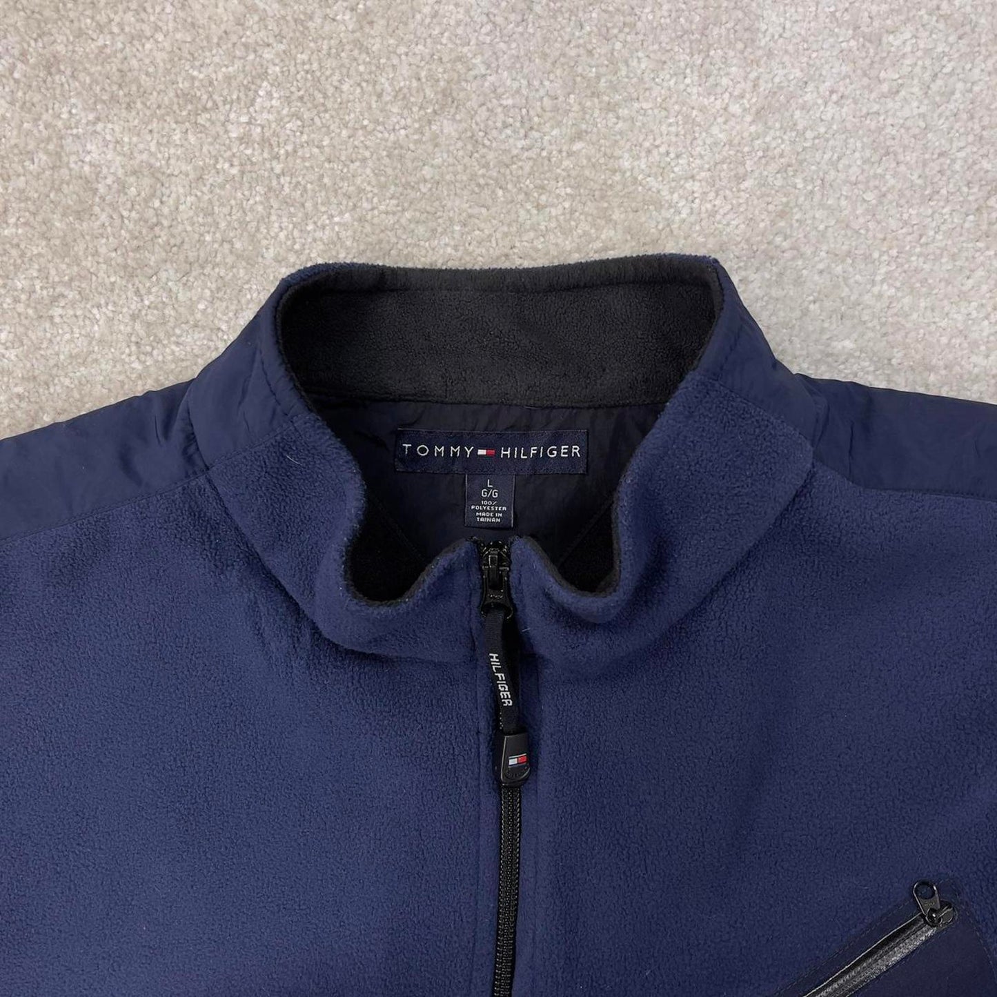 Tommy Hilfiger technical fleece gilet Large Y2K navy full zip up spellout logo