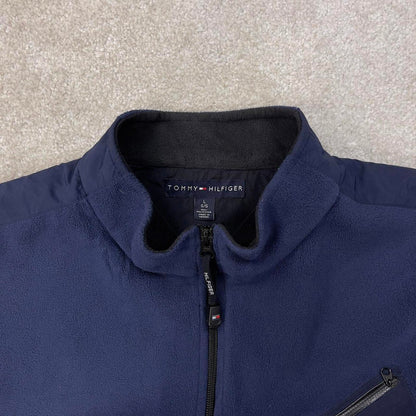 Tommy Hilfiger technical fleece gilet Large Y2K navy full zip up spellout logo