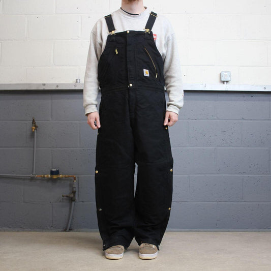 Vintage baggy Carhartt dungarees wide leg black Canvas quilt lined bib & brace overalls