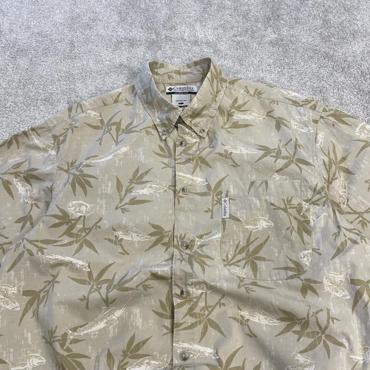 Columbia funky pattern short sleeve Hawaiian shirt khaki Y2K boxy fit fishing festival button shirt