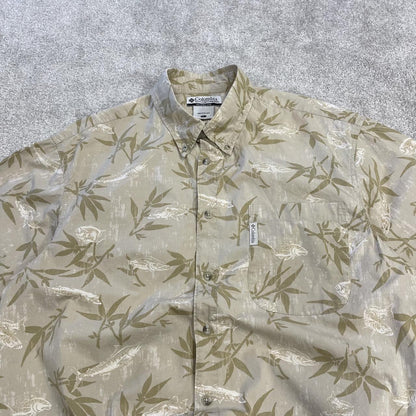 Columbia funky pattern short sleeve Hawaiian shirt khaki Y2K boxy fit fishing festival button shirt