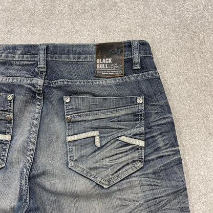 Y2k embroidered denim shorts blue W33 Black Bull summer festival jorts stitch detail