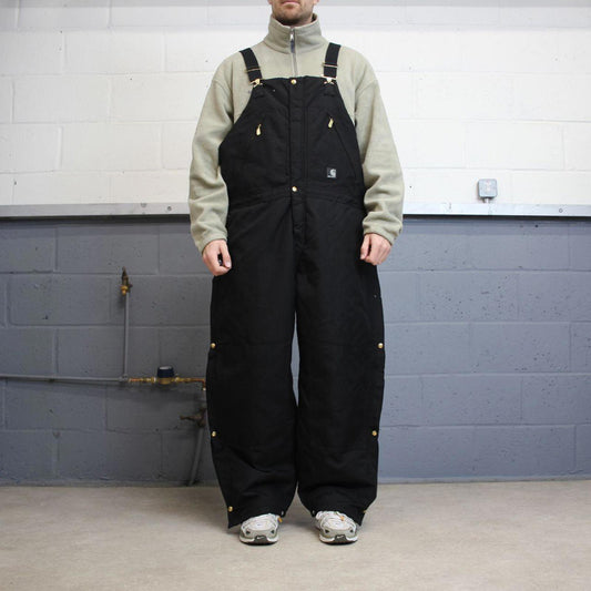 Vintage y2k baggy Carhartt dungarees wide leg black Quilt lined bib & brace overalls workwear