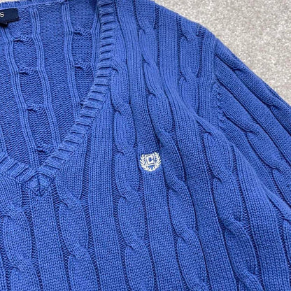 00s CHAPS cable knit sweater jumper embroidered L women's blue knitted pull over y2k 90s style