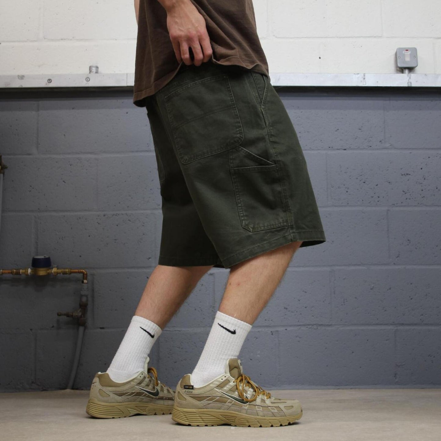 Baggy carpenter shorts canvas work green Red Head loose skate style summer festival jorts