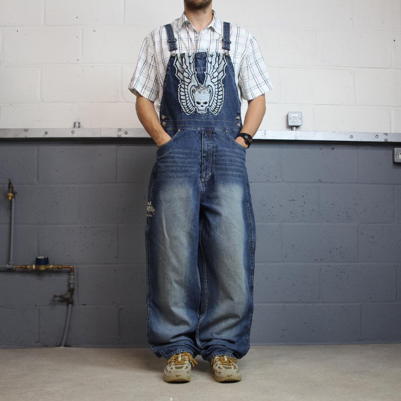 Johnny Blaze dungarees baggy y2k denim blue The Worriors embroidered bib overalls skater