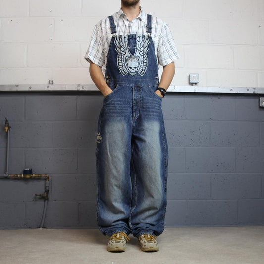 Johnny Blaze dungarees baggy y2k denim blue The Worriors embroidered bib overalls skater