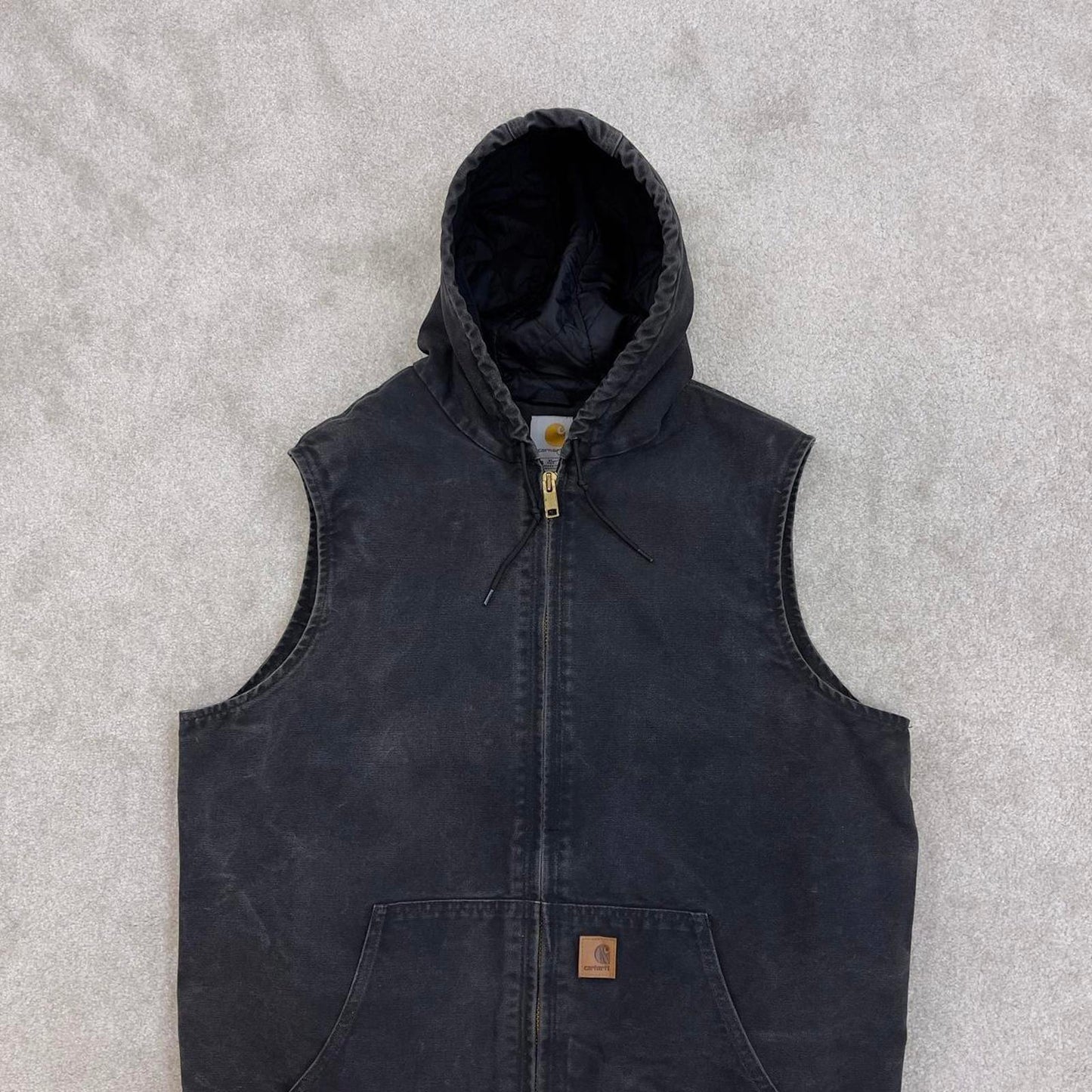 Black vintage Carhartt Hooded Gilet XL Tall thick canvas quilt lined body warmer