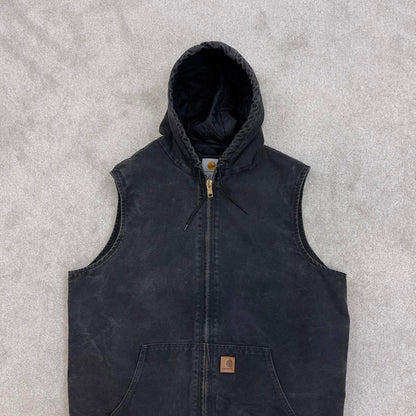 Black vintage Carhartt Hooded Gilet XL Tall thick canvas quilt lined body warmer