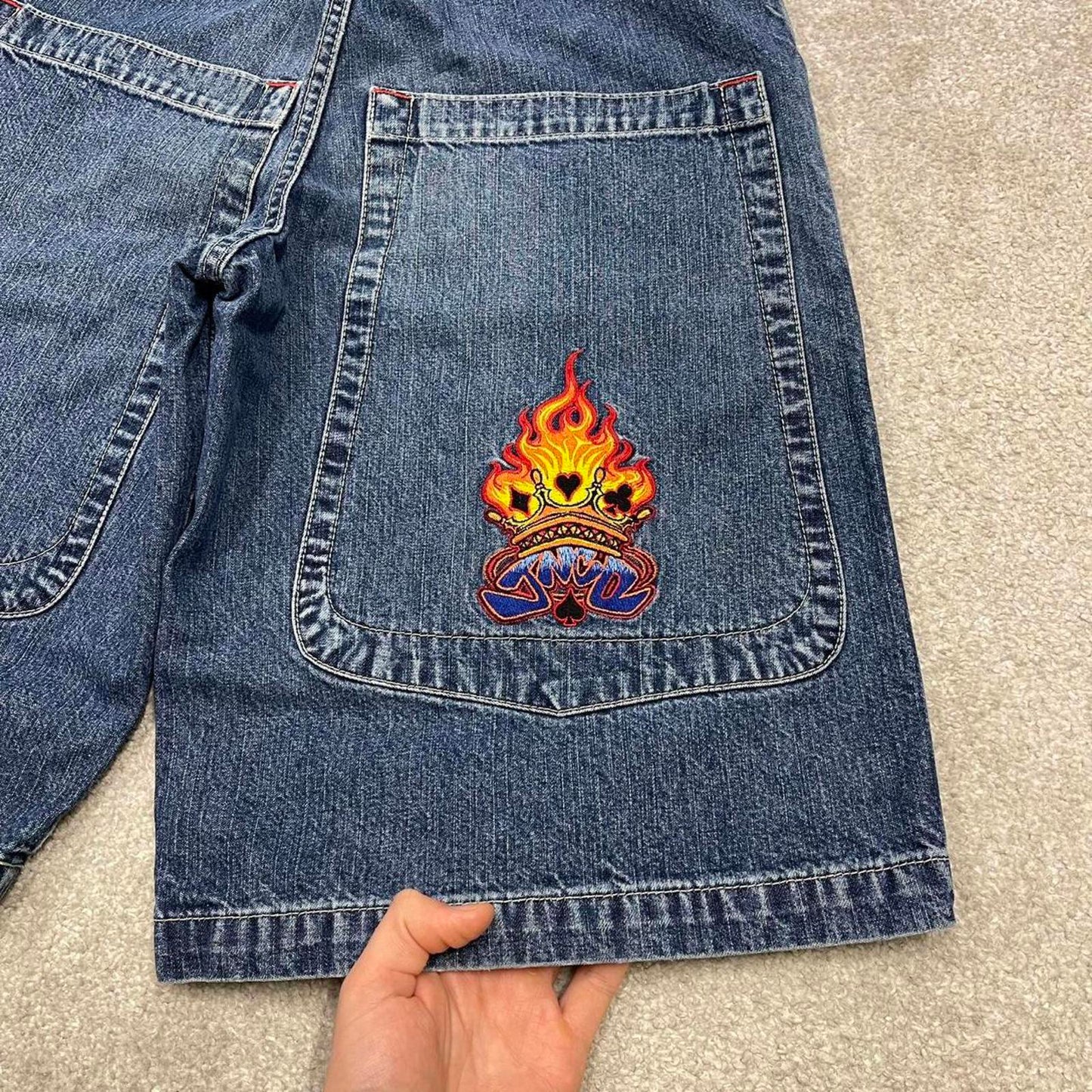Vintage Y2k JNCO denim shorts wide leg blue Loose deep pocket jorts with flaming aces embroidery