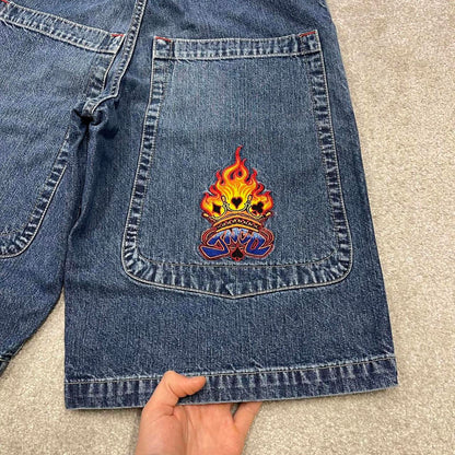 Vintage Y2k JNCO denim shorts wide leg blue Loose deep pocket jorts with flaming aces embroidery