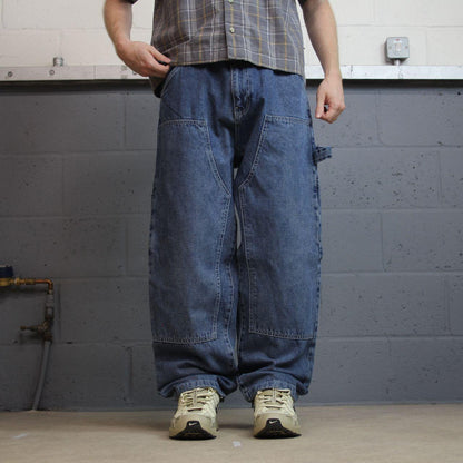Baggy denim double knee carpenter jeans y2k W34L30 blue Loose thick denim skater cargo pants