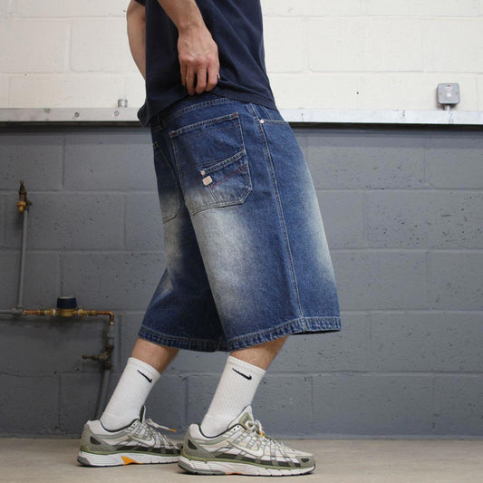 Y2k baggy carpenter shorts skater style blue Brooklyn Xpress long wide denim summer festival jorts