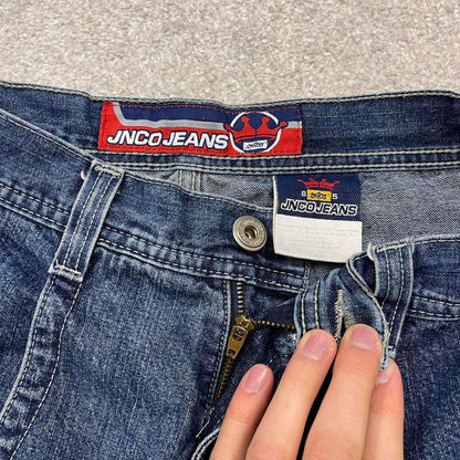 Vintage Y2k JNCO denim shorts wide leg blue Loose deep pocket jorts with flaming aces embroidery