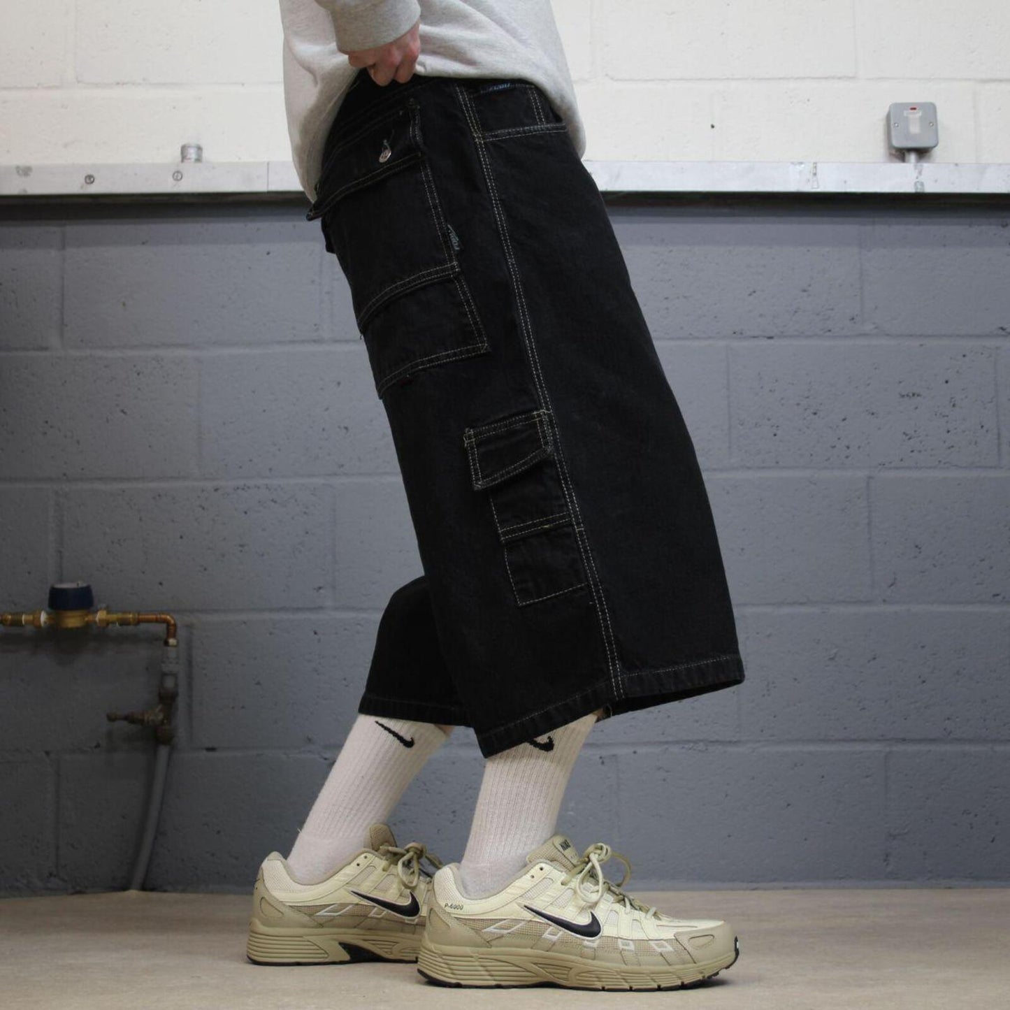 Baggy extra long denim shorts y2k cargo black FOBU wide leg skater style brand surf jorts