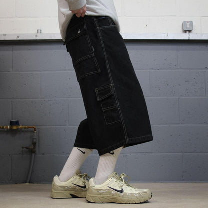 Baggy extra long denim shorts y2k cargo black FOBU wide leg skater style brand surf jorts