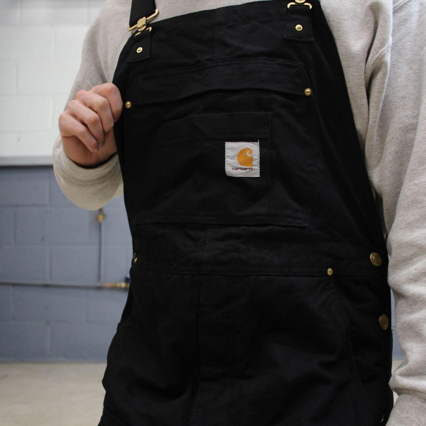 Vintage y2k baggy Carhartt dungarees wide leg black Quilted canvas bib & brace overalls workwear