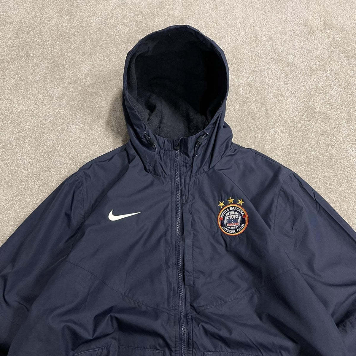 Y2K Nike technical jacket navy hooded full zip windbreaker coat embroidered football club