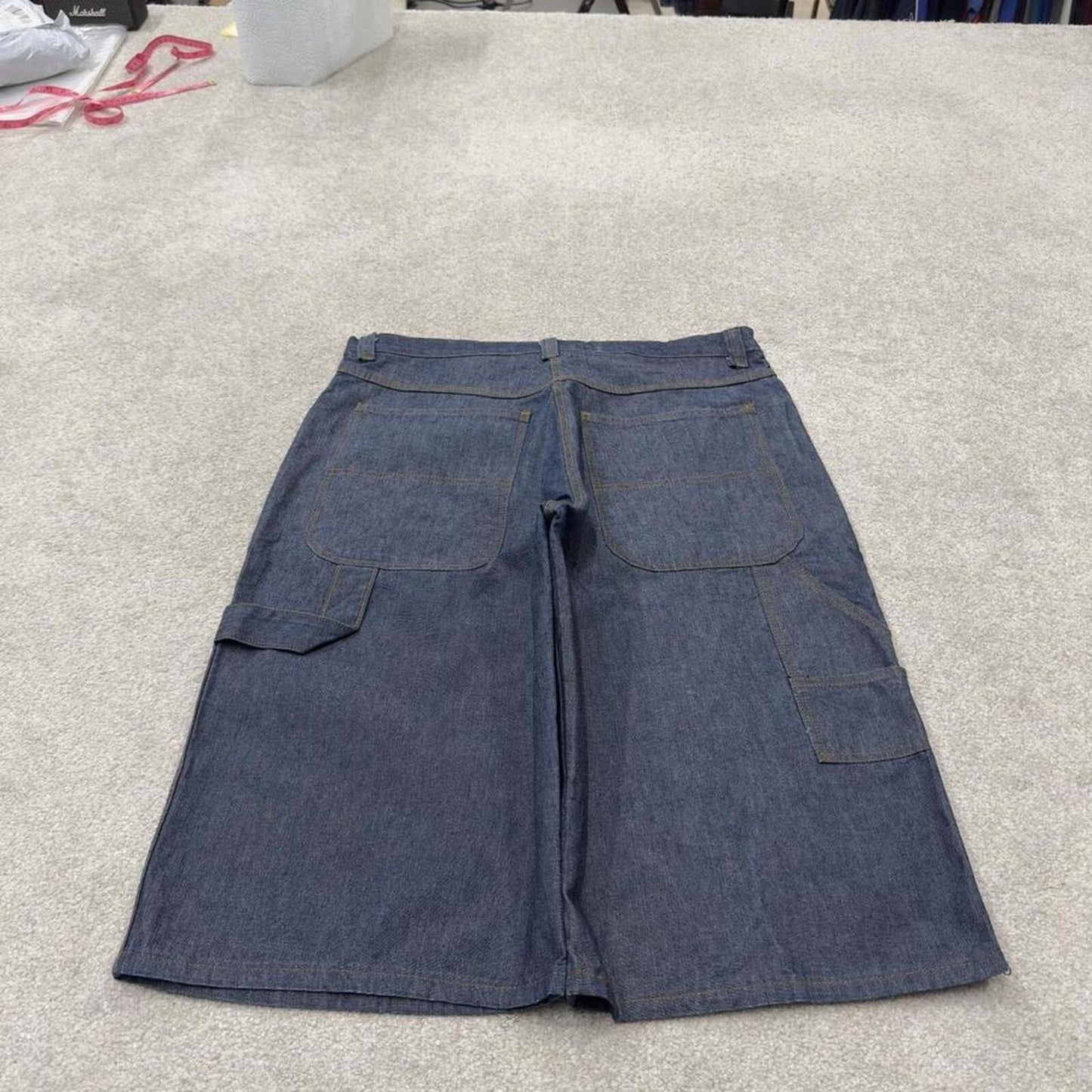 Extra baggy denim shorts carpenter blue Long leg skater style surf cargo jorts