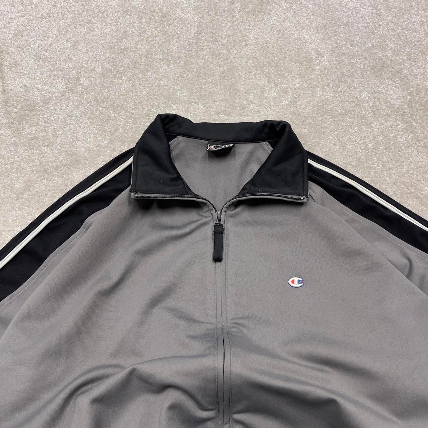 Y2k vintage Champion track jacket XL men's grey full zip track suit top embroidered striped sporty