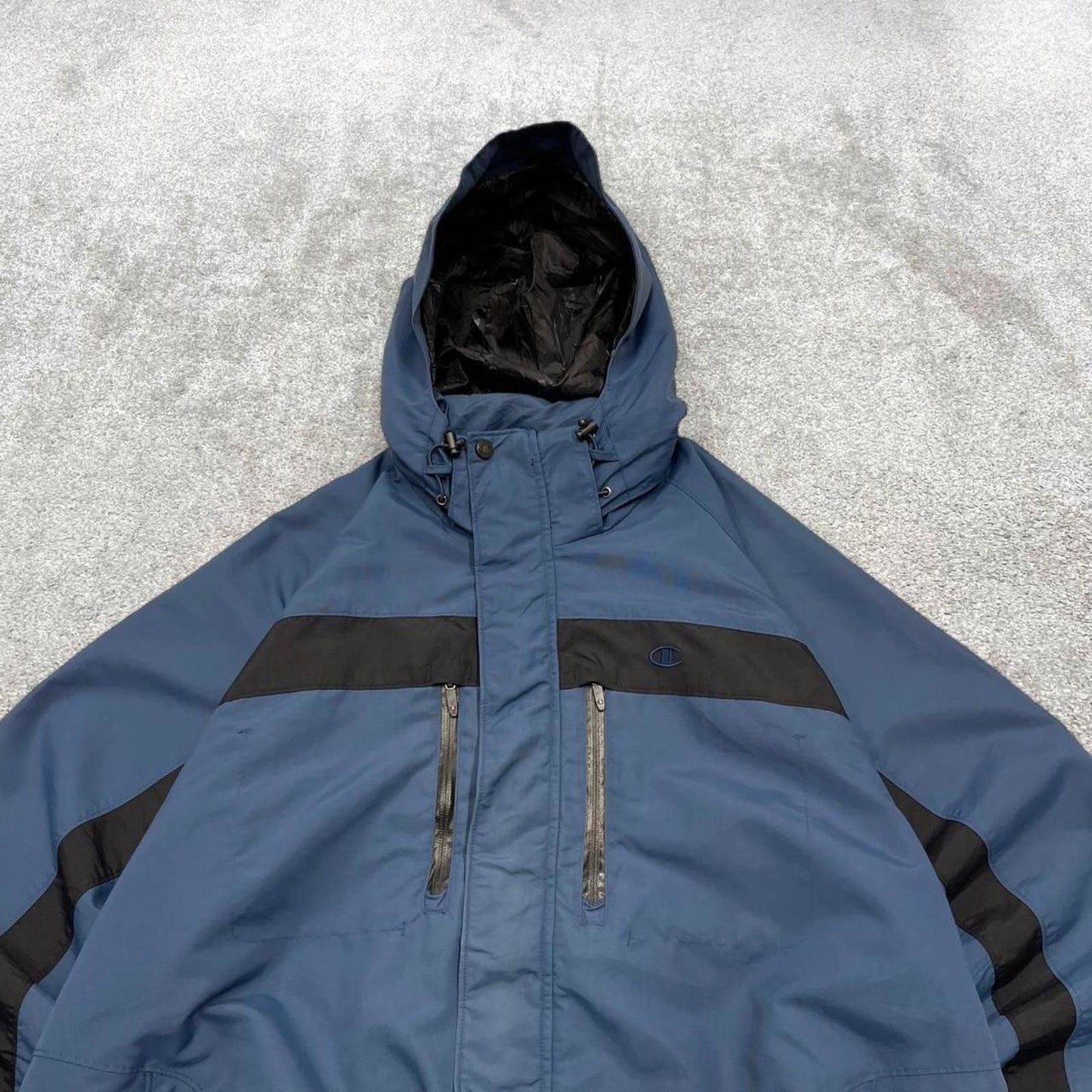 Y2K Champion technical windbreaker jacket blue Zip pockets adjustable waist embroidered hooded coat