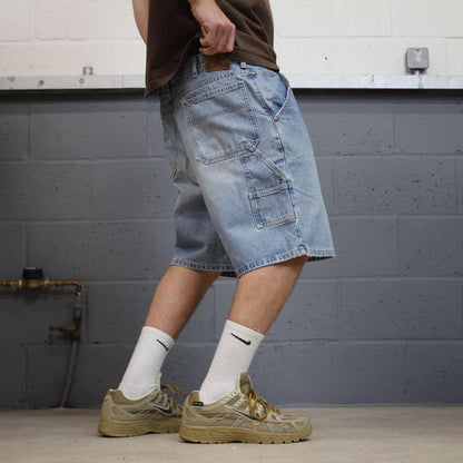 Denim carpenter shorts cargo blue Lands End loose leg skater style surf jorts