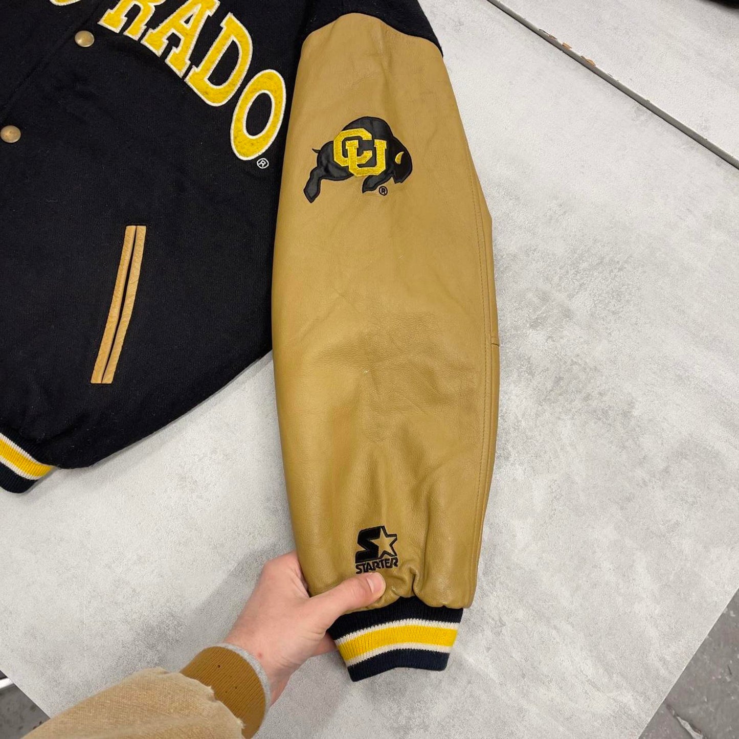 Vintage Starter wool varsity jacket Medium leather black Buffaloes CU Buffs NFL