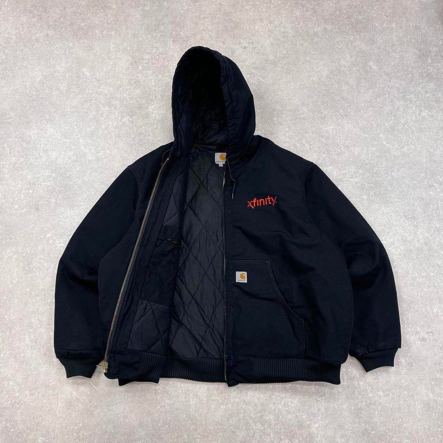 Black Carhartt active jacket 2XL hooded canvas bomber quilt lined USA American