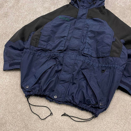Y2K Columbia technical windbreaker jacket navy Hooded paneled tech coat adjustable