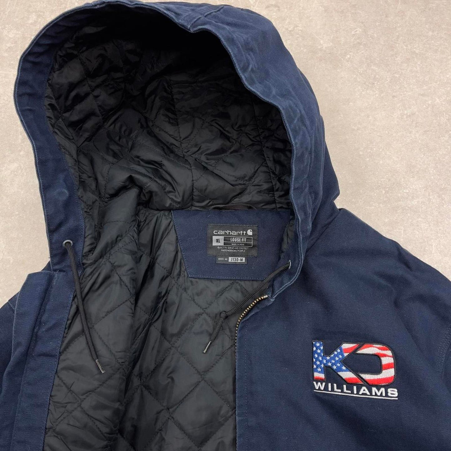 Navy Carhartt hooded active jacket XL canvas quilt lined patch logo active