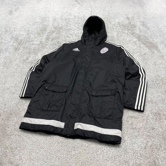 00s long Adidas park jacket y2k style L men's black full zip padded overcoat technical