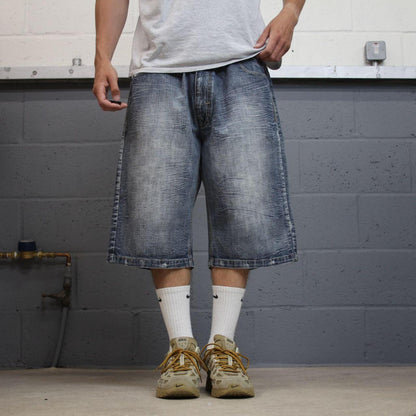 Baggy Y2K embroidered shorts long leg blue Halifax skater style brand surf jorts