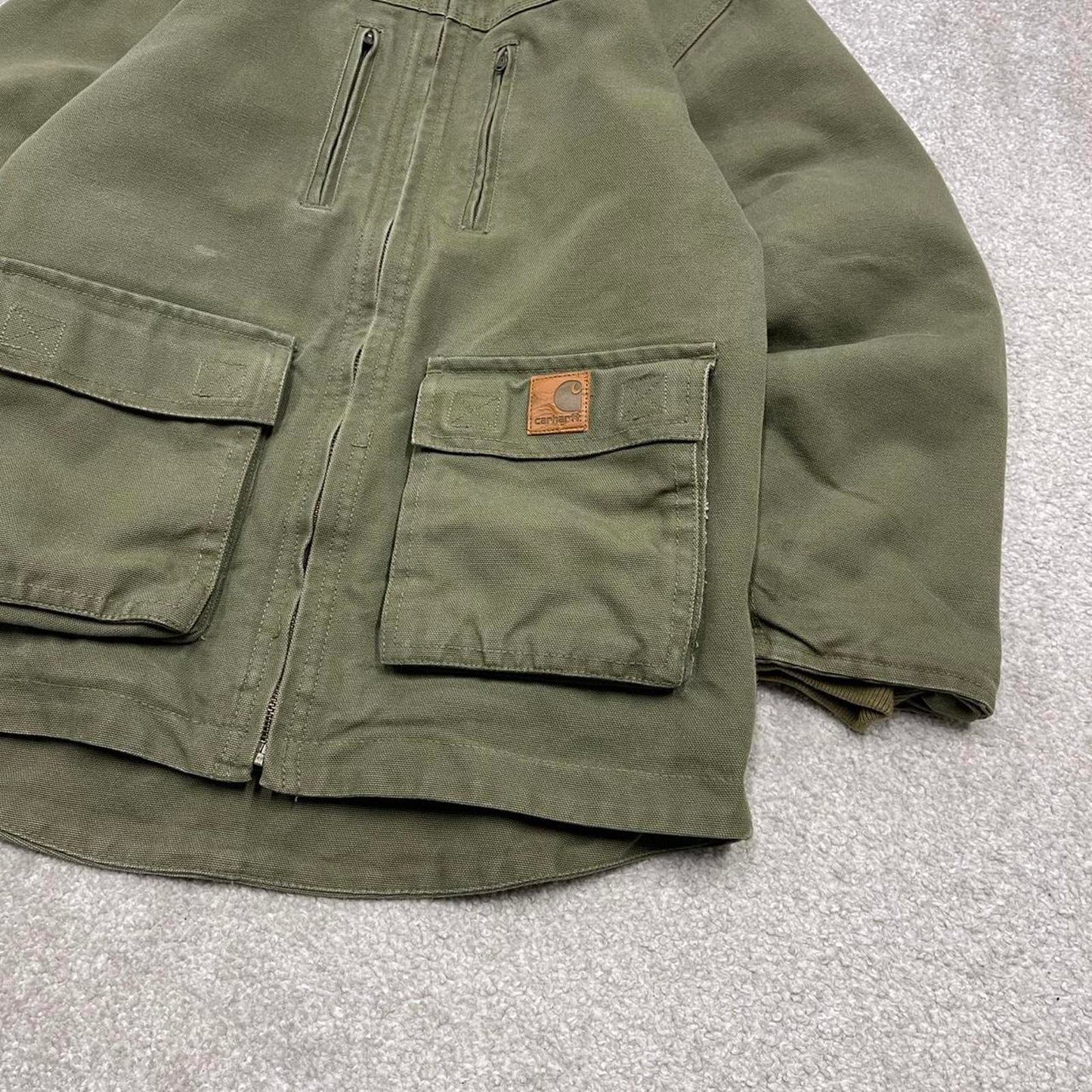 Green Carhartt hooded active jacket S 8/10 canvas 90s style skater bomber
