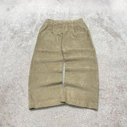 Vintage baggy pleated corduroy pants beige Lands’ End wide wale chunky jumbo cord trousers
